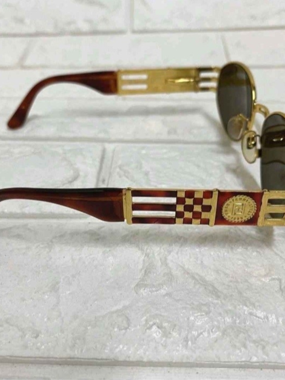 90's FENDI Gold Metal Tortoiseshell Sunglasses with Checkerboard Temple Detail